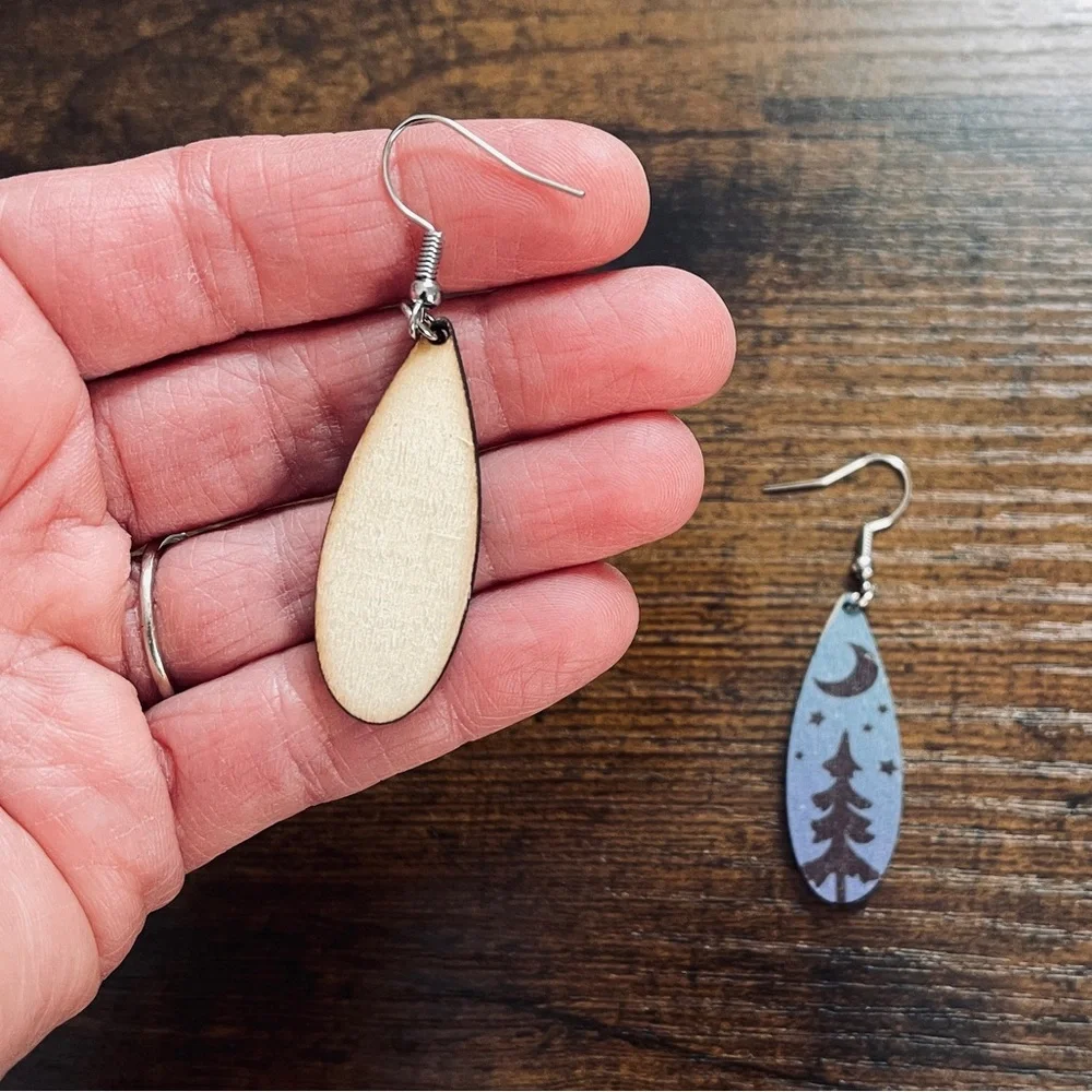 🟢 FREE WITH ANY PURCHASE OVER $10. Pine Tree Star Moon Earrings Wood Blue, Black